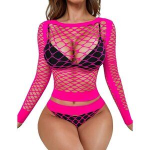 🆕Women Fluorescence Pink Mesh Lingerie Fishnet Bodysuit See Through Baby doll